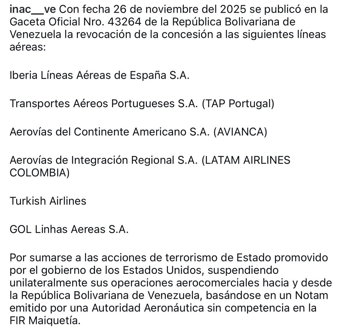 INAC a través de su Instagram anuncia la revocación de licencias de varias aerolíneas