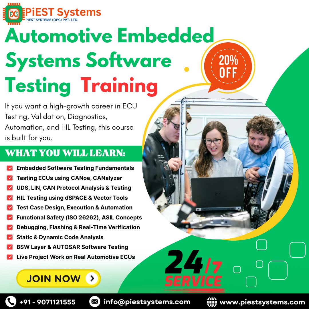 piestsystems's tweet image. Automotive Embedded Testing Course 

🔗 lnkd.in/eqZt74xc
 📧 info@piestsystems.com
 📱 +91-9071121555
👉 For WhatsApp - wa.me/9071121555 

#AutomotiveEmbedded #EmbeddedSystems #ECUValidation #ECUTesting #EmbeddedTesting #AutomotiveEngineering