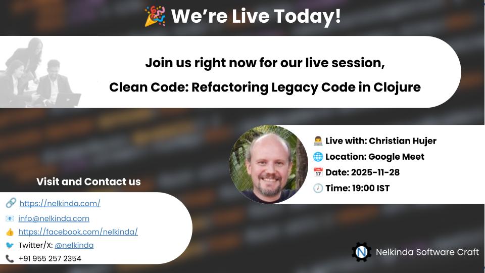 nelkinda's tweet image. 🎉 Today’s the day!
Join @ChristianHujer live for Clean Code: Refactoring Legacy Code in Clojure.

🕖 19:00 IST | 📍 Google Meet link is live on Triffuns and Meetup.

👉 Triffuns: triffuns.com/events/6a6b826…

👉 Meetup: meetup.com/meetup-group-n…

#CleanCode #Refactoring #Clojure