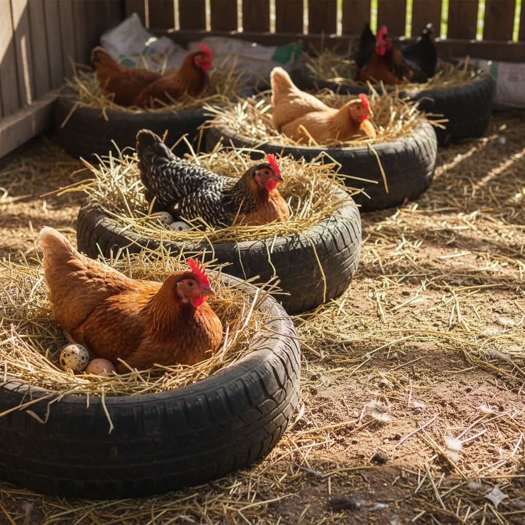 Agronomme_'s tweet photo. Laying Nests

🟪Wooden box nests – Traditional wooden boxes with straw or sawdust bedding.

🟪 Plastic bucket nests – Large plastic buckets turned on their side or with a cut opening.

🟪 Tyre nests – Old car tyres filled with straw or hay, laid flat or stacked.

🟪 Wire mesh nests – Frames made from wire mesh with bedding inside, allowing ventilation.

🟪 PVC pipe nests – Large PVC pipes cut lengthwise, lined with soft bedding.

🟪 Basket nests – Woven baskets filled with straw, can be hung or placed on the ground.

🟪 Concrete block nests – Hollow concrete blocks with bedding, durable for outdoor use.

🟪 Hanging cloth hammocks – Fabric pouches or hammocks attached to a frame, cozy for hens.