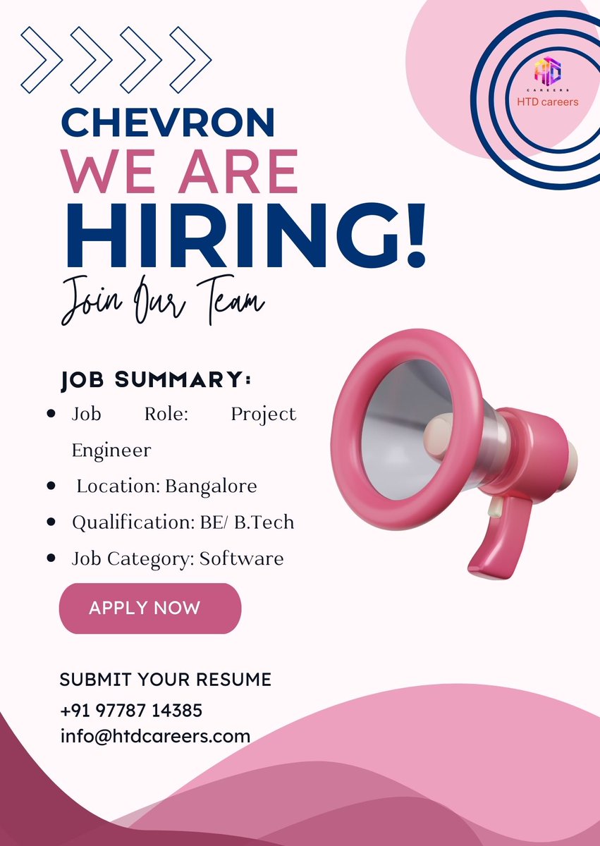 HtdCareers's tweet image. Chevron hiring Project Engineers in Bangalore! Freshers apply now 🚀
#JobAlert #FreshersJobs #EngineeringJobs