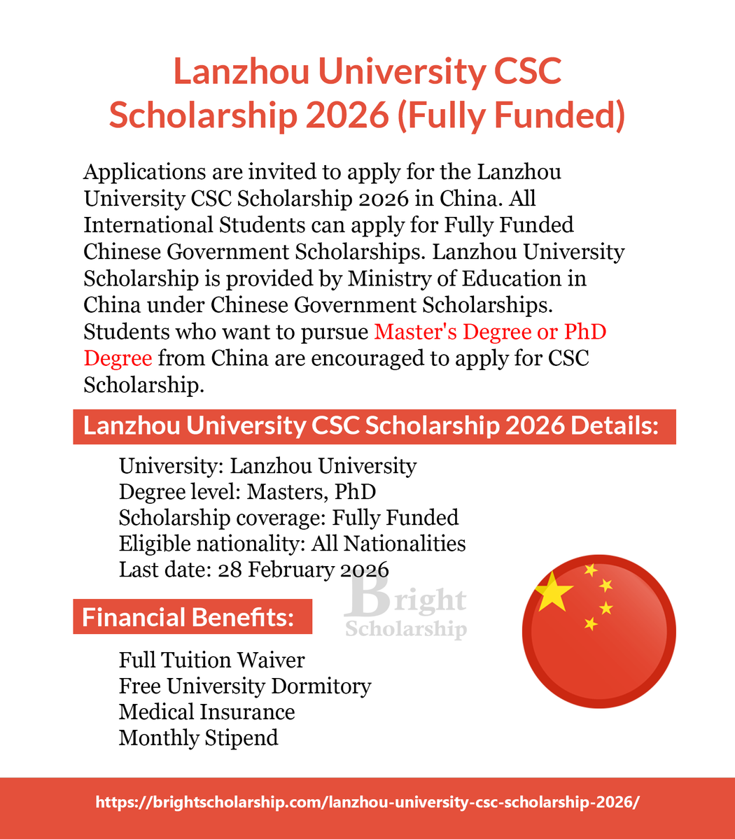 BrightSship's tweet image. Lanzhou University CSC Scholarship 2026 (Fully Funded)

Degree level: Masters, PhD
Last date: 28 February 2026

Apply Link: brightscholarship.com/lanzhou-univer…

#BrightScholarship #FullyFunded #Scholarship #China #Students #studyabroad #study #studyinChina #MastersinChina #PhDinChina