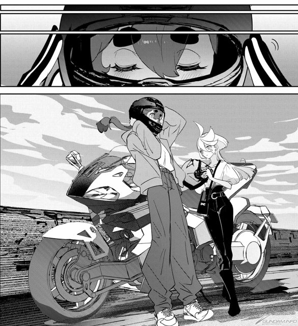 ultraraker's tweet image. 学パロにエアリアルたん登場したと思ったら、何と🏍️だったのであるっ(^O^)v #水星の魔女 #青春フロンティア