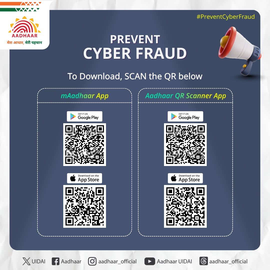 UIDAI's tweet image. #PreventCyberFraud
 
Your #Aadhaar is a verifiable identity. 
To verify you have to scan the QR code on any format of your #Aadhaar through mAadhaar App or Aadhaar QR Scanner App.

Download the mAadhaar App &amp;amp; Aadhaar FaceRD App from the links below:
mAadhaar App – For Android:…