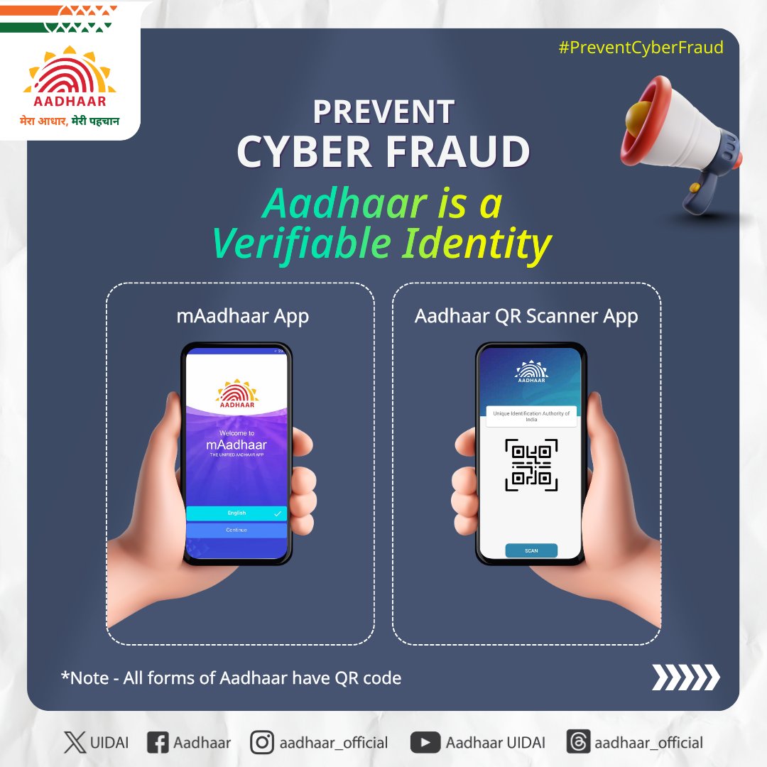 UIDAI's tweet image. #PreventCyberFraud
 
Your #Aadhaar is a verifiable identity. 
To verify you have to scan the QR code on any format of your #Aadhaar through mAadhaar App or Aadhaar QR Scanner App.

Download the mAadhaar App &amp;amp; Aadhaar FaceRD App from the links below:
mAadhaar App – For Android:…