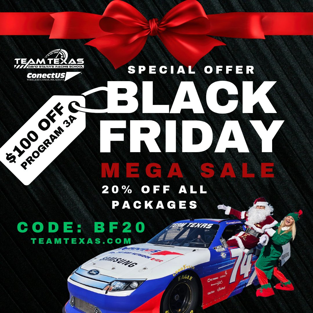 Black Friday comes EARLY at Team Texas! 🏁
🎁 20% OFF racing packages
📅 Thanksgiving — Dec 7

Gift the ultimate adrenaline rush.
➡️ teamtexas.com
#BlackFridaySale #TeamTexas #RaceTexas