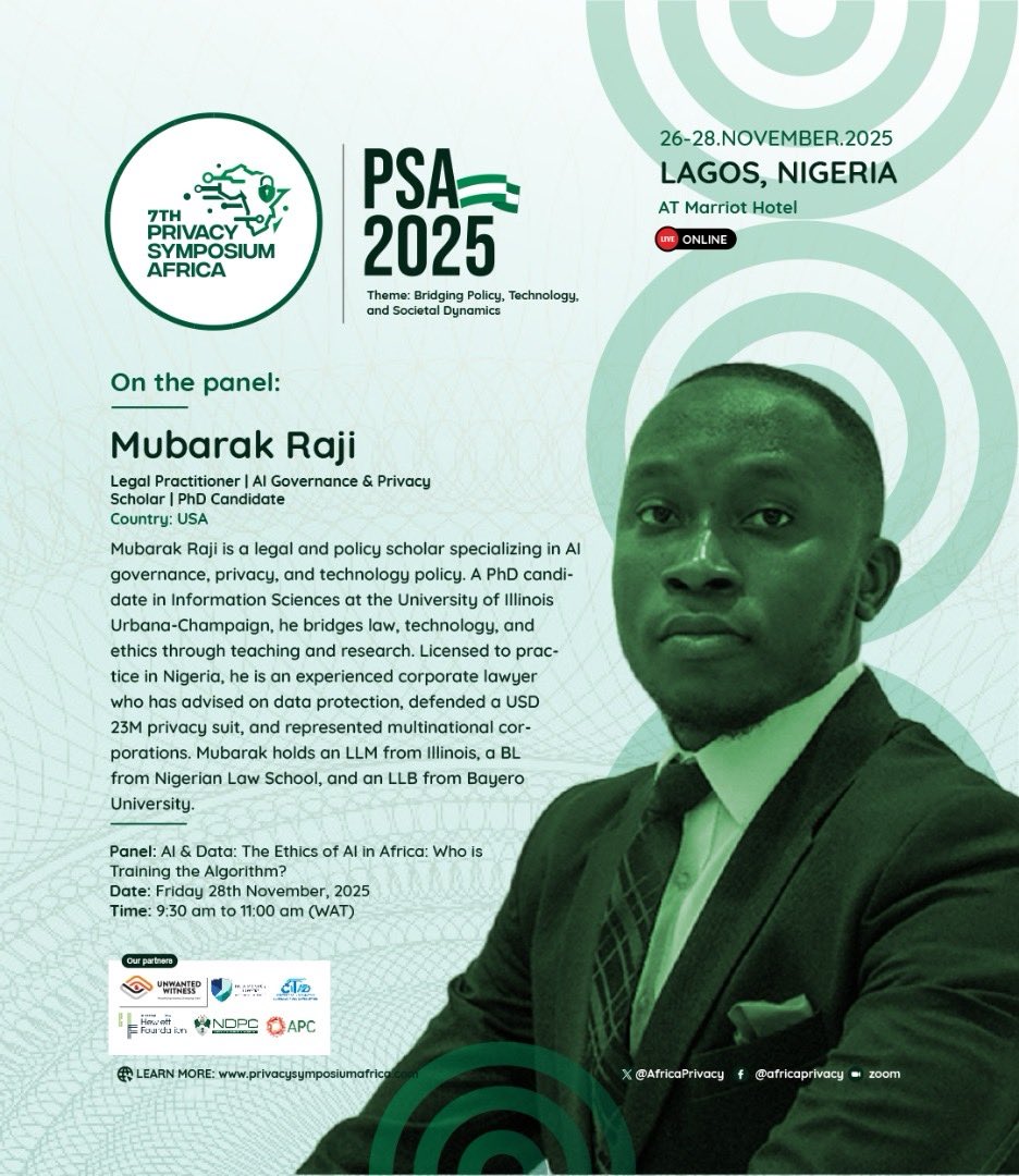 I will be speaking on AI ethics in Africa at the ongoing 7th Privacy Symposium Africa in Lagos on Friday, November 28, 9:30 - 11:00 am (WAT). 

Watch &amp; follow live on⬇️
X : bit.ly/3XS13W2
Facebook: bit.ly/4af7ZE6
YouTube: bit.ly/4pweOFM

<a href="/AfricaPrivacy/">Privacy Symposium Africa</a>