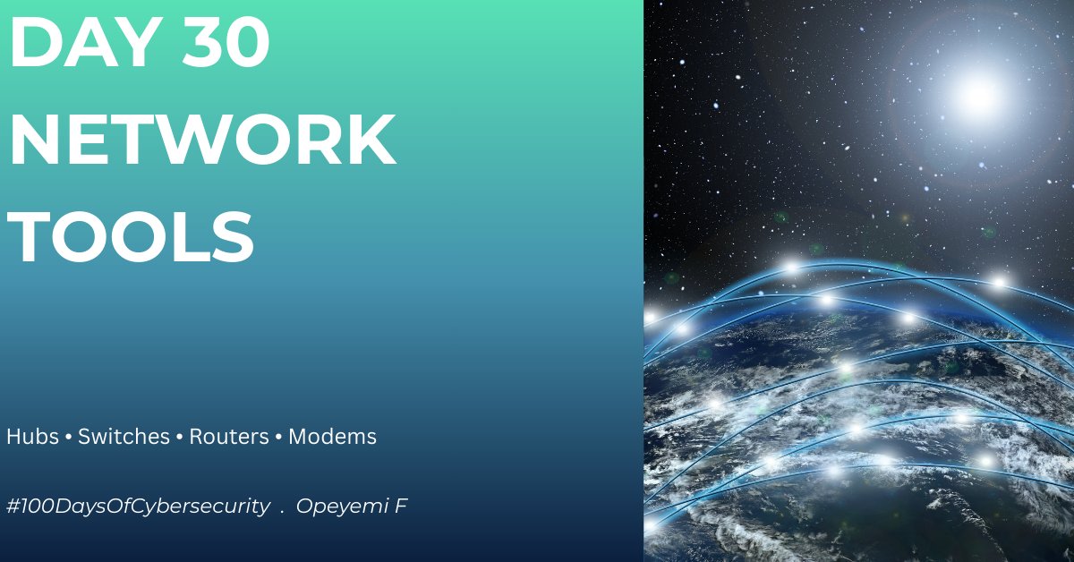 FagbamilaOpeye4's tweet photo. Day 30/100๐
Learned the basics of hubs, switches, routers & modems today
Hub: sends data to every device Switch: sends data to the right device
Router: connects multiple networks
Modem: connects your router to the internet. #CyberLearning @elormkdaniel @cybergirl_io @ireteeh https://t.co/DRLPOHSzvs