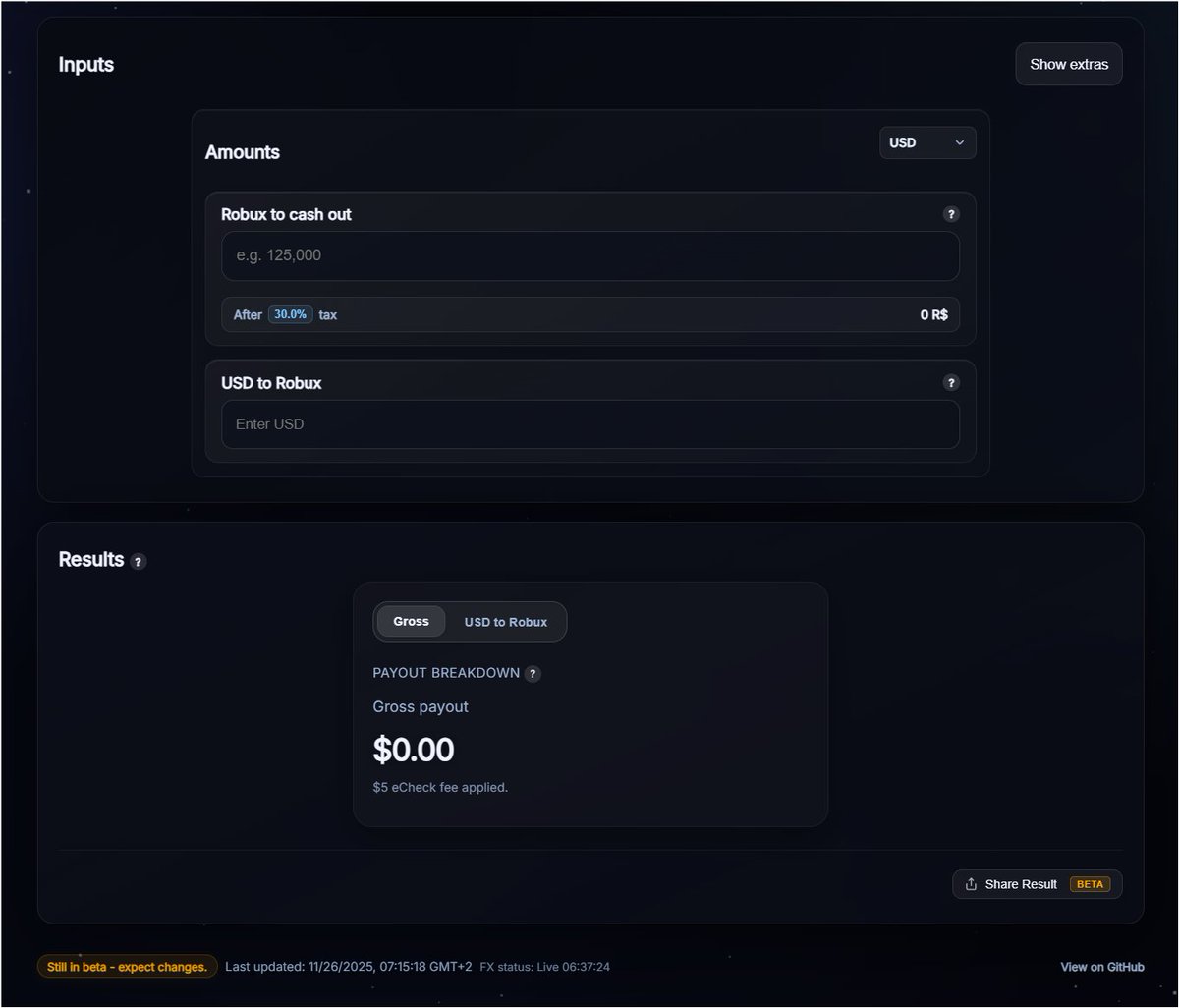 CIouderr2's tweet image. Hey everyone,

I love websites with nice and simple UIs, but for some reason there&apos;s no such DevEx Calculator out there... So I decided to make my own!!

It&apos;s 100% free and open sourced
devex-calculator.dev

Please feel free to request features
#ROBLOX #RobloxDevs #RobloxDev
