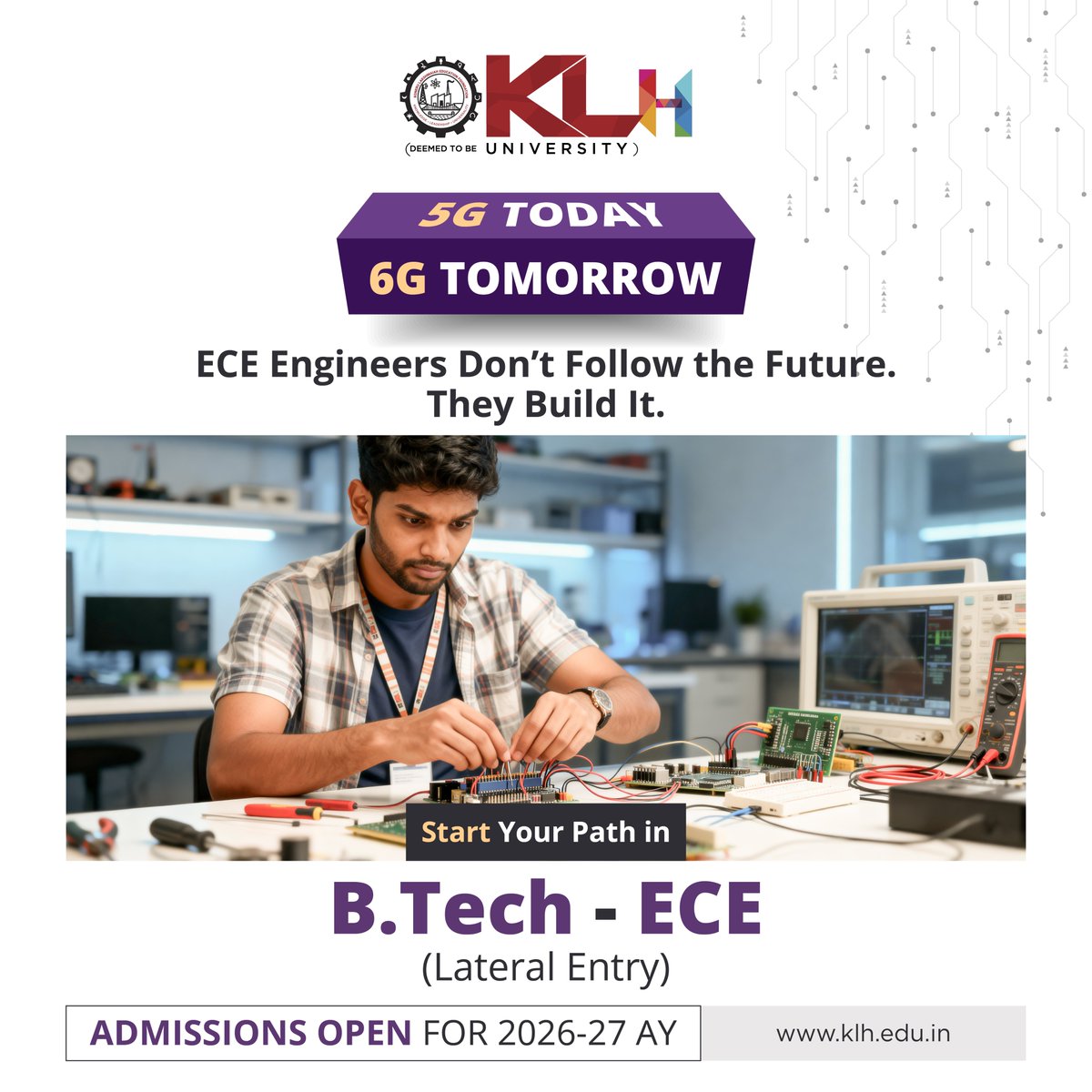 klhuniversity's tweet image. Fast-track your engineering career with KLH’s B.Tech ECE (Lateral Entry). Specialize in 5G/6G, VLSI, IoT, robotics, and embedded systems through industry-driven learning. Become a future-ready ECE engineer at KLH.

Apply Now: kluniversity.in/admissions-202…

#BTechECE