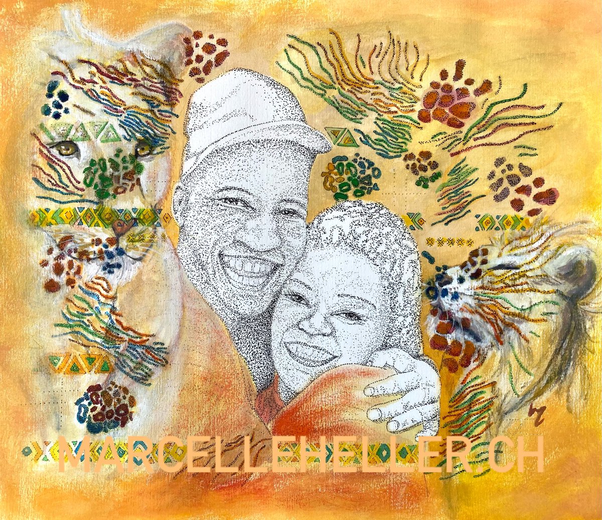 greyworldnomads's tweet photo. “Unity in Wild Harmony” 🦁✨

A happy couple, framed by the grace of a lioness and the strength of a lion, set against a vibrant tapestry of African patterns. 

#AfricanArt #Pointillism #WildlifeArt #CulturalHeritage #SouthAfricanArt  #ArtForConservation  #marcellehellerart https://t.co/1JWCZ9Kb0j