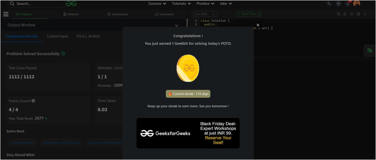 SupriyaSin17706's tweet image. From 1 day to 119 days
Consistency builds confidence 💫

#GeeksForGeeks #POTD #StreakStrong #HSGTAFG #CodingMotivation