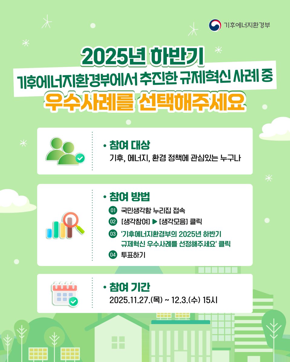 mceekorea's tweet image. 🌿 기후에너지환경부 2025년 하반기 규제혁신 우수사례를 직접 선정해주세요!

2025년 하반기 규제혁신 우수사례를
선택해주세요! ✔

✅참여 기간: 2025.11.27.(목) ~ 12.3.(수) 15시까지
✅참여 대상: 기후, 에너지, 환경 정책에 관심 있는 국민 누구나
✅참여 방법
①국민생각함 누리집에 접속…