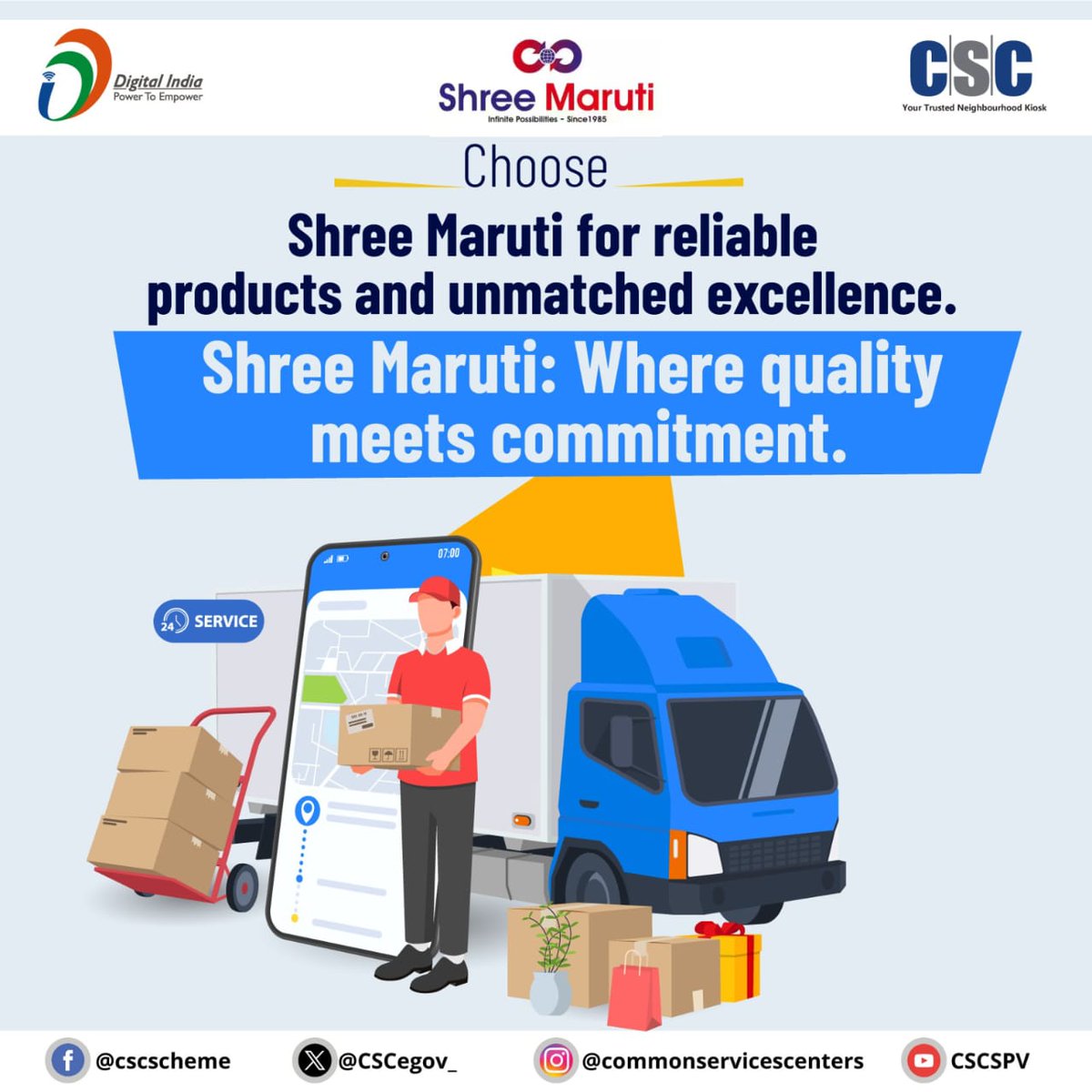CSCegov_'s tweet image. Shree Maruti Courier Services through CSC, provides last-mile courier services to the citizens.

Shree Maruti: Where quality meets commitment.

VLEs to provide timely deliveries of courier &amp;amp; e-commerce parcels for citizens.

For any queries, call 14599 or write to…