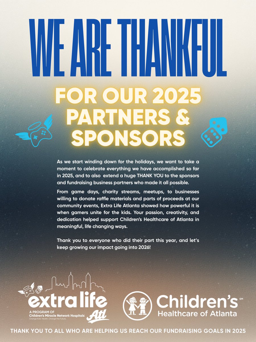 ExtraLifeAtl's tweet image. Taking a moment to thank our amazing 2025 Extra Life ATL partners and sponsors! 💙

Partners: @MomoCon @Brawlhalla @PlutonicGames @PeachStateGame1 @UrbnpopComicsCo @MyParentsMent  @gameshowbattle @GatechEsports @stoutsgrowlers BlueGhostArcade

#ExtraLifeATL #ExtraLife #CHoA #CMN