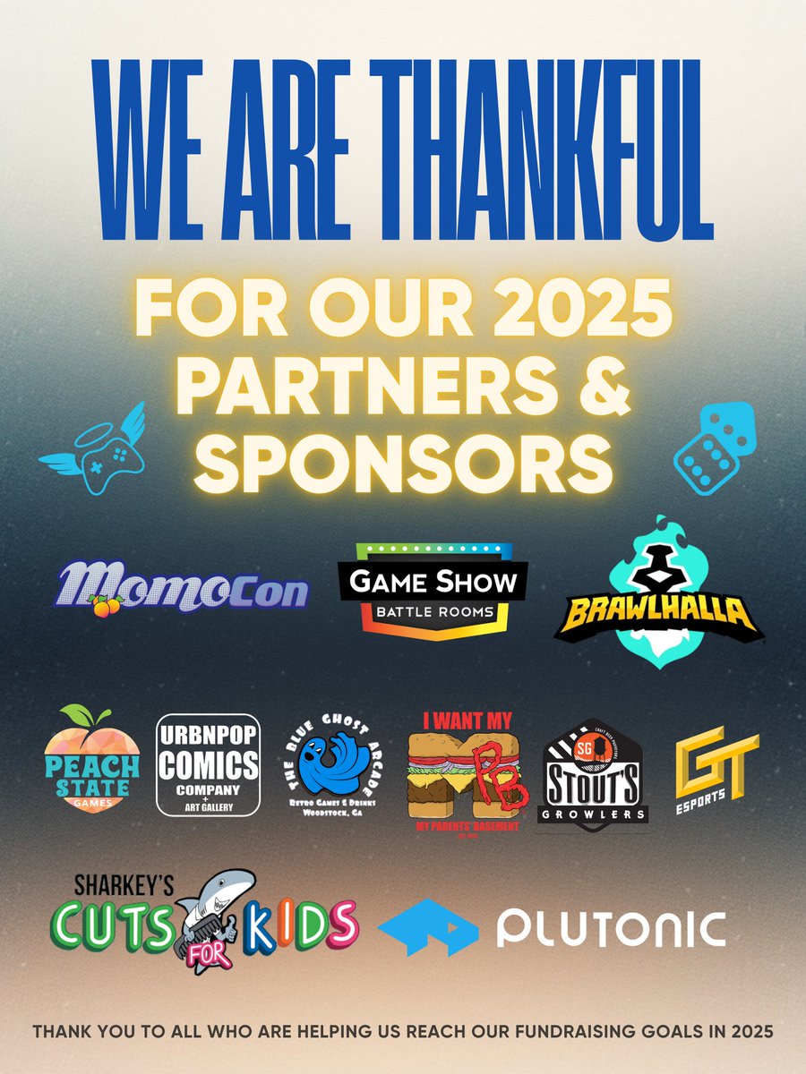 ExtraLifeAtl's tweet image. Taking a moment to thank our amazing 2025 Extra Life ATL partners and sponsors! 💙

Partners: @MomoCon @Brawlhalla @PlutonicGames @PeachStateGame1 @UrbnpopComicsCo @MyParentsMent  @gameshowbattle @GatechEsports @stoutsgrowlers BlueGhostArcade

#ExtraLifeATL #ExtraLife #CHoA #CMN