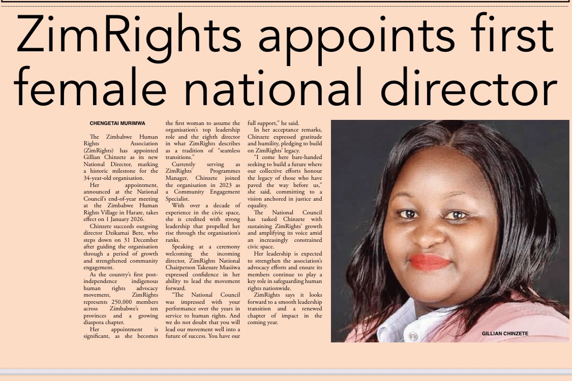 Media4gbv's tweet photo. “Breaking barriers, leading change. ✊🏾✨
@ZimRightsLIVE appoints its first-ever female National Director @gillianchinzete marking a powerful step toward amplifying women’s voices in human rights leadership. Her rise is a reminder that when women lead, communities thrive.” https://t.co/aehOgA0n7q