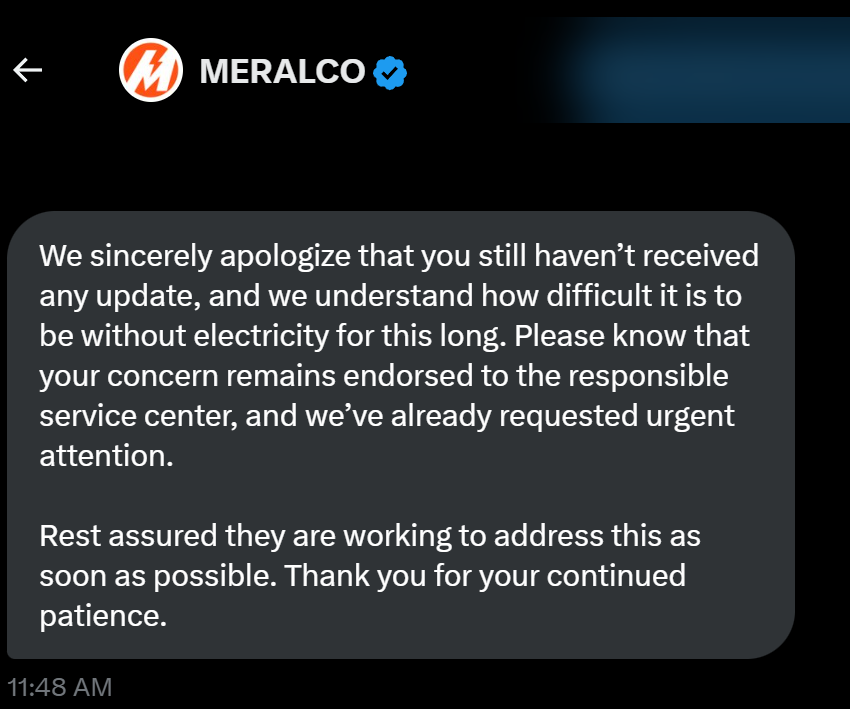 topguy47's tweet photo. @meralco No further update. No remedy. Electricity was shutdown in our area since past 7am this morning. It's already 12:42pm. CSR has nothing left to say. What exactly are you doing? https://t.co/qHVGzryKRj