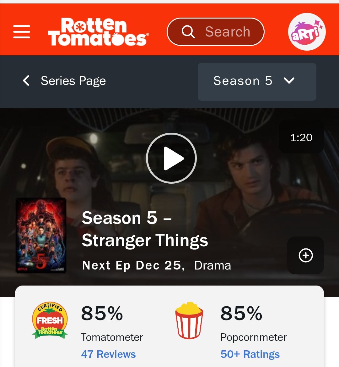 GrapeScreen's tweet image. Stranger Things Season 5 is finally here and rocking an 85% on Rotten Tomatoes.
 Next episode drops Dec 25.🔥#StrangerThings5 #RottenTomatoes