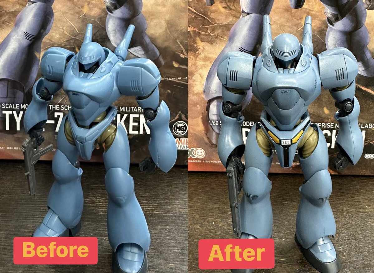 sekiya_f2's tweet image. #MODEROID ブロッケン
塗装してみました🎨

並べると少しわかりますかね？
元々が色分けしっかりされてるので、
スミ入れと好きなツヤのクリアだけでも本当は良さそうですが。
なんだか汚しを施したみたいになりましたが、何回も塗り直した本体色は及第点かなと🫨
水性塗装スポンジ&amp;amp;筆塗りです🖌️