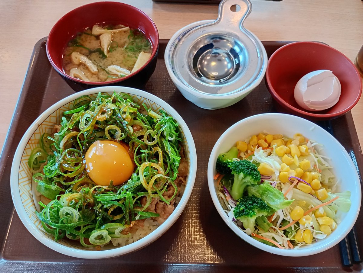 cs_tora's tweet image. お昼はすき家で
ねぎ玉牛丼のランチセット　904kcal
すきパス利用で70円OFF