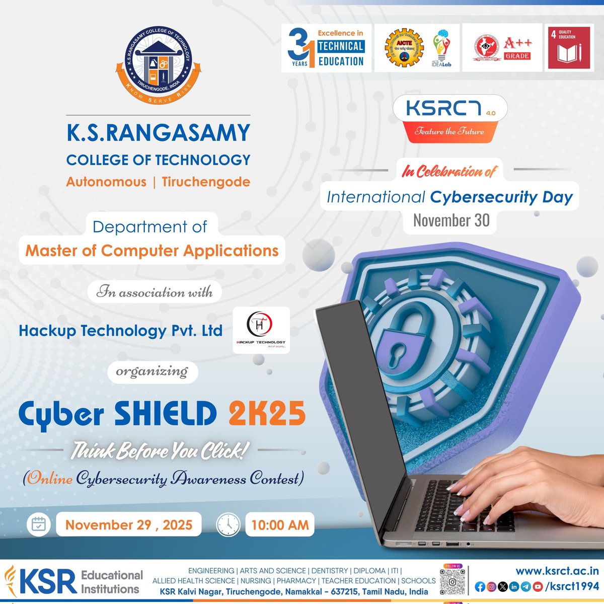 ksrct1994's tweet photo. Cyber Shield 2K25 – Online Cybersecurity Awareness Contest
Registration: https://t.co/pSHnJlTjRT
Rules & Guidelines: https://t.co/8xBEylL87u
#ksrct1994 #ksr #ksrei
#CyberShield2K25 #CyberSecurityDay #MCAKSRCT #HackupTechnology #CyberAwareness #OnlineContest #DigitalSafety https://t.co/pNJ3QRz5Ev
