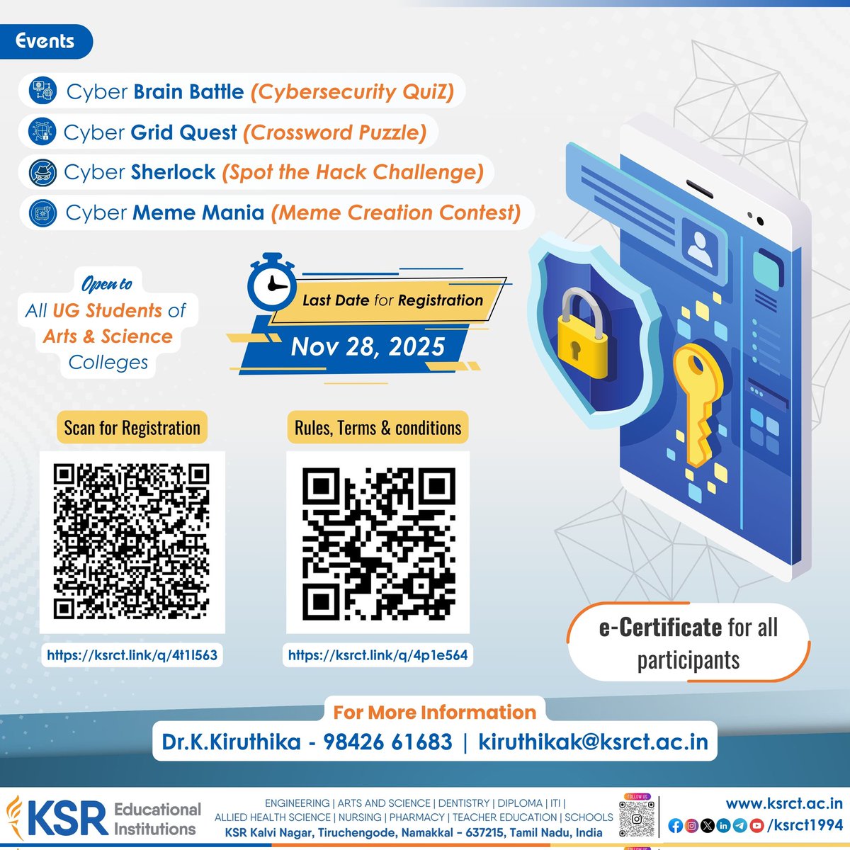 ksrct1994's tweet photo. Cyber Shield 2K25 – Online Cybersecurity Awareness Contest
Registration: https://t.co/pSHnJlTjRT
Rules & Guidelines: https://t.co/8xBEylL87u
#ksrct1994 #ksr #ksrei
#CyberShield2K25 #CyberSecurityDay #MCAKSRCT #HackupTechnology #CyberAwareness #OnlineContest #DigitalSafety https://t.co/pNJ3QRz5Ev