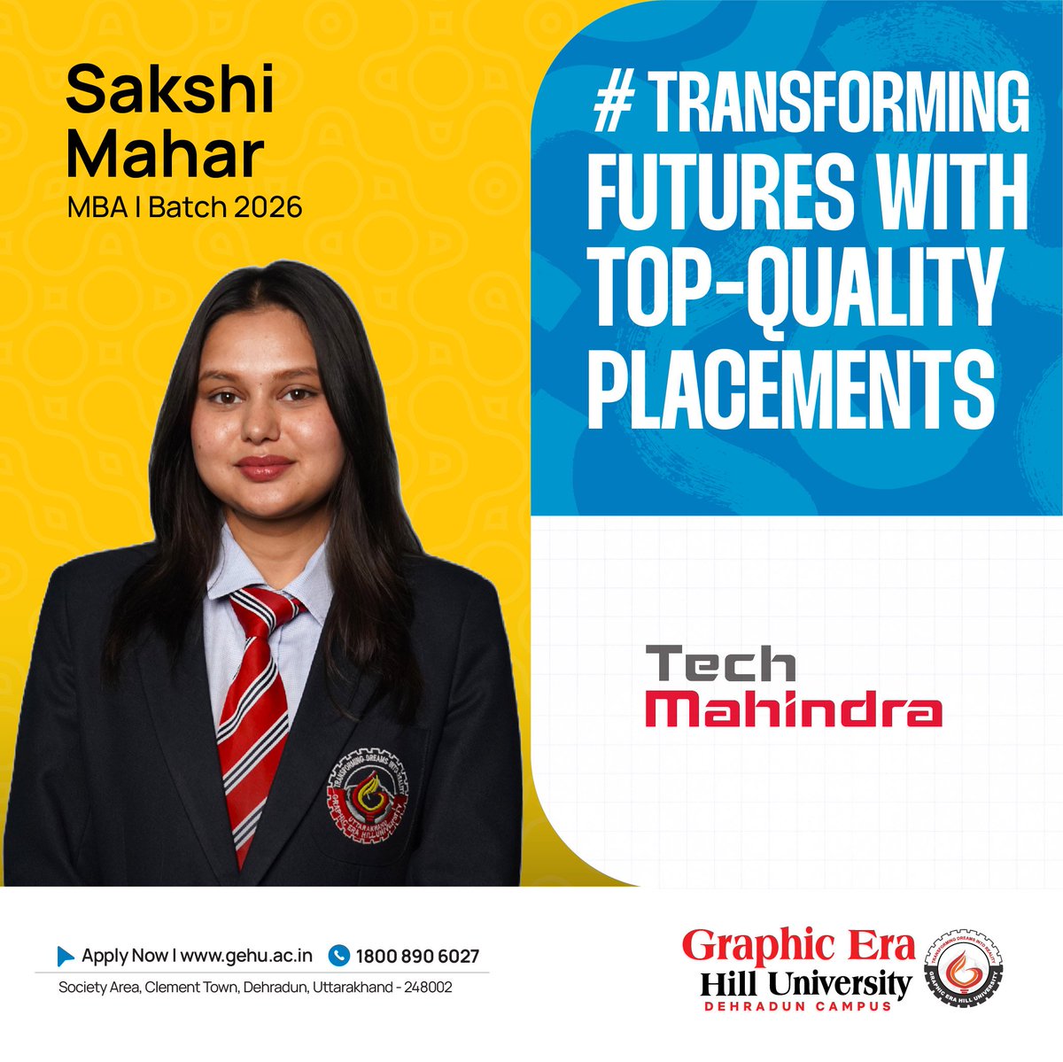 gehudehradun's tweet image. Congratulations Sakshi Mahar, MBA Batch 2026, for securing a top-quality placement with Tech Mahindra!
Your hard work, dedication and the right guidance have paved the way toward a promising corporate journey. 

#GEHU #PlacementSuccess #TechMahindra #MBA #FutureReady
