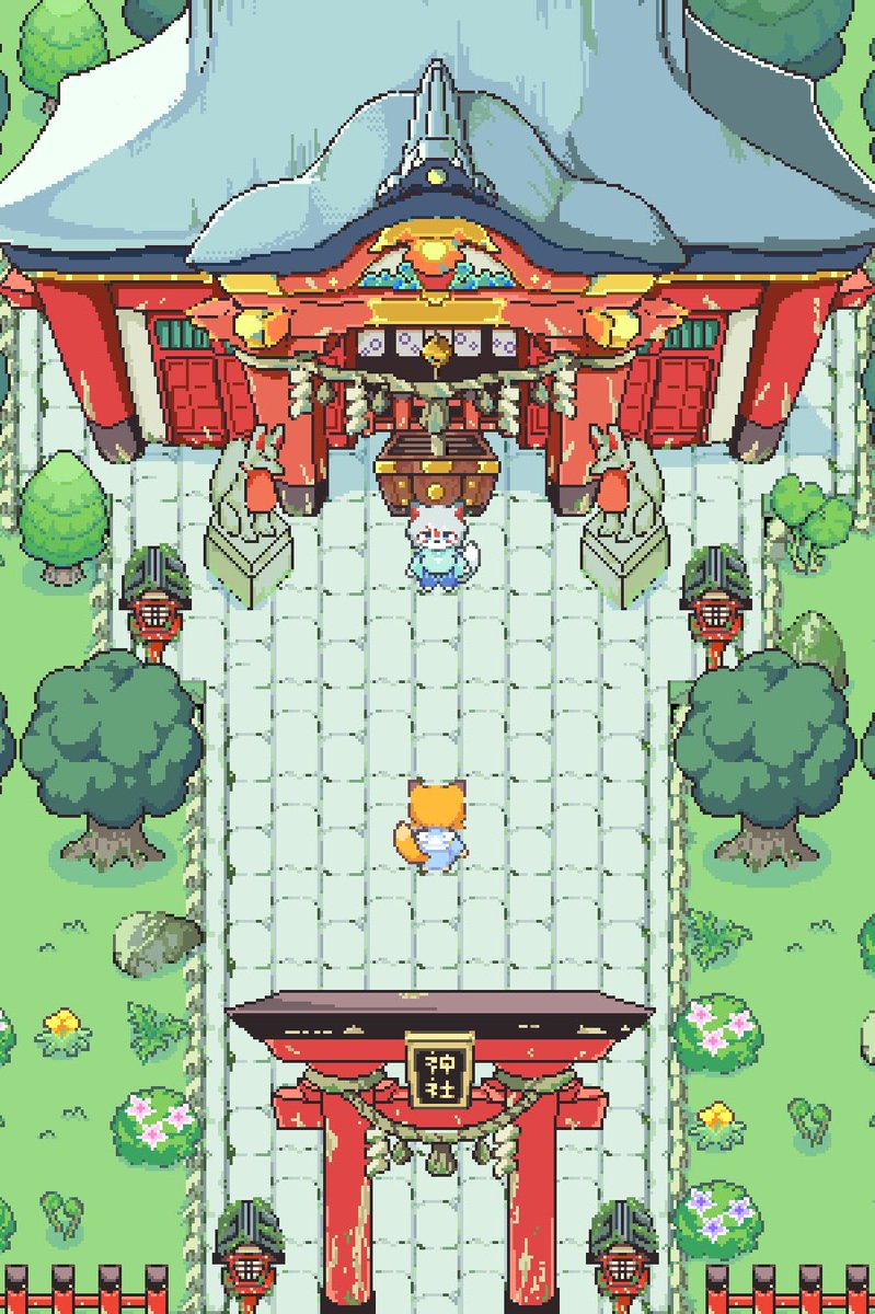 Kyukei_99's tweet image. OCの狐ちゃんと過去に作った神社アセットのスクショ

#pixelart #ドット絵
#Assets  #ocart