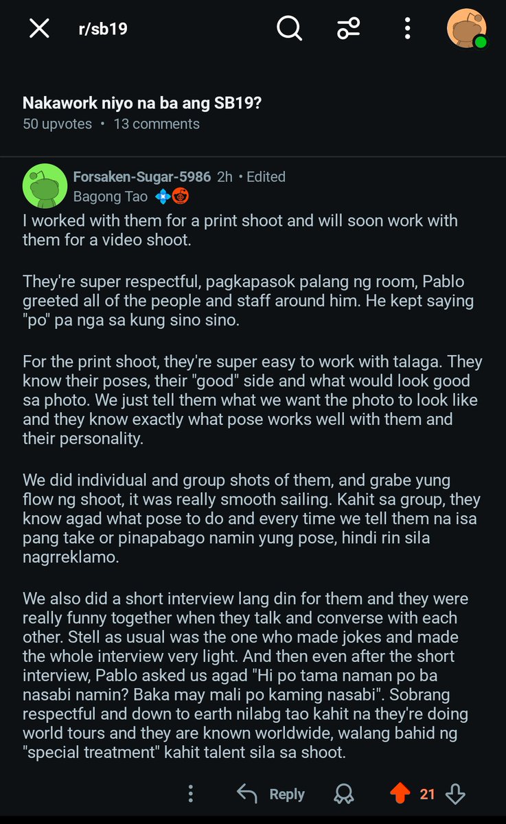 Nadaan sa tl ko sa red/dit. Isa din si OP sa magpapatunay na masarap makatrabaho ang SB19. Very humble and walang masamang tinapay sa kanila 😌

<a href="/SB19Official/">SB19 Official</a> #SB19