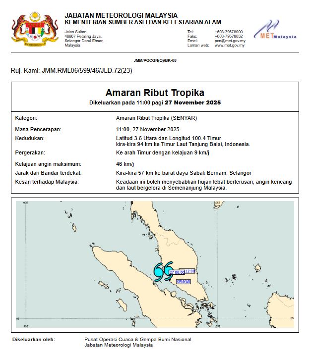 NewsBFM's tweet image. A tropical storm warning has been issued for Storm Senyar, moving at about 24 km/h and detected 102 km southwest of Lumut, Perak.

MetMalaysia has updated warnings for the tropical storm, continuous rainfall, strong winds, and rough seas for Kedah, Penang, Perak, Pahang,…