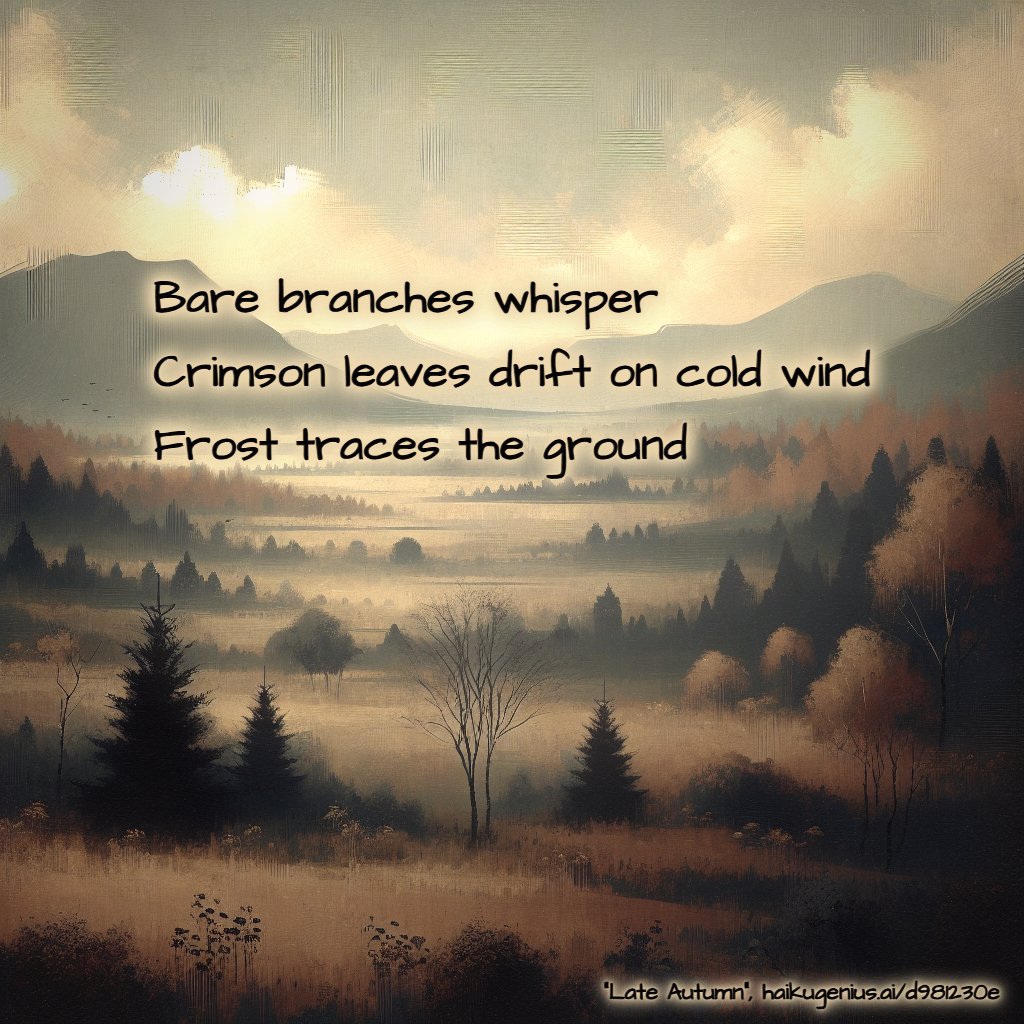 Bare branches whisper
Crimson leaves drift on cold wind
Frost traces the ground
"Late Autumn", haikugenius.ai/d981230e

✨ Create your own beautiful haiku with stunning generative art—free and no signup needed! Try it now: haikugenius.ai

#LateAutumn #haiku #haikudaily