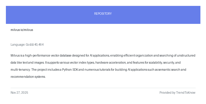 aitrendings's tweet image. milvus-io/milvus

💻 Go

#Milvus #VectorDatabase #AIApplications #OpenSource #GoLang

🔗 trendtoknow.ai