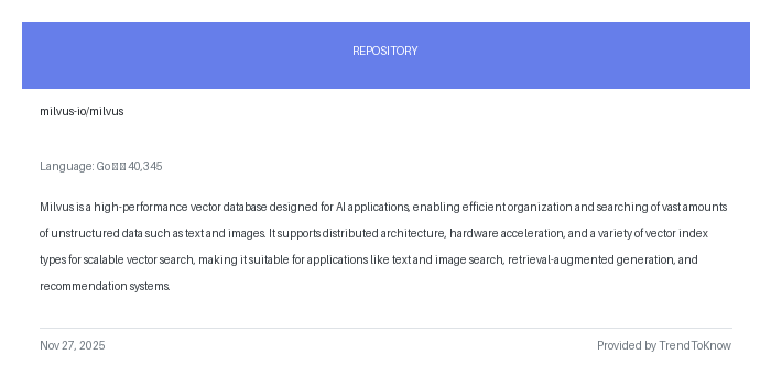 aitrendings's tweet image. milvus-io/milvus

💻 Go

#Milvus #VectorDatabase #AIApplications #OpenSource #GoLang

🔗 trendtoknow.ai