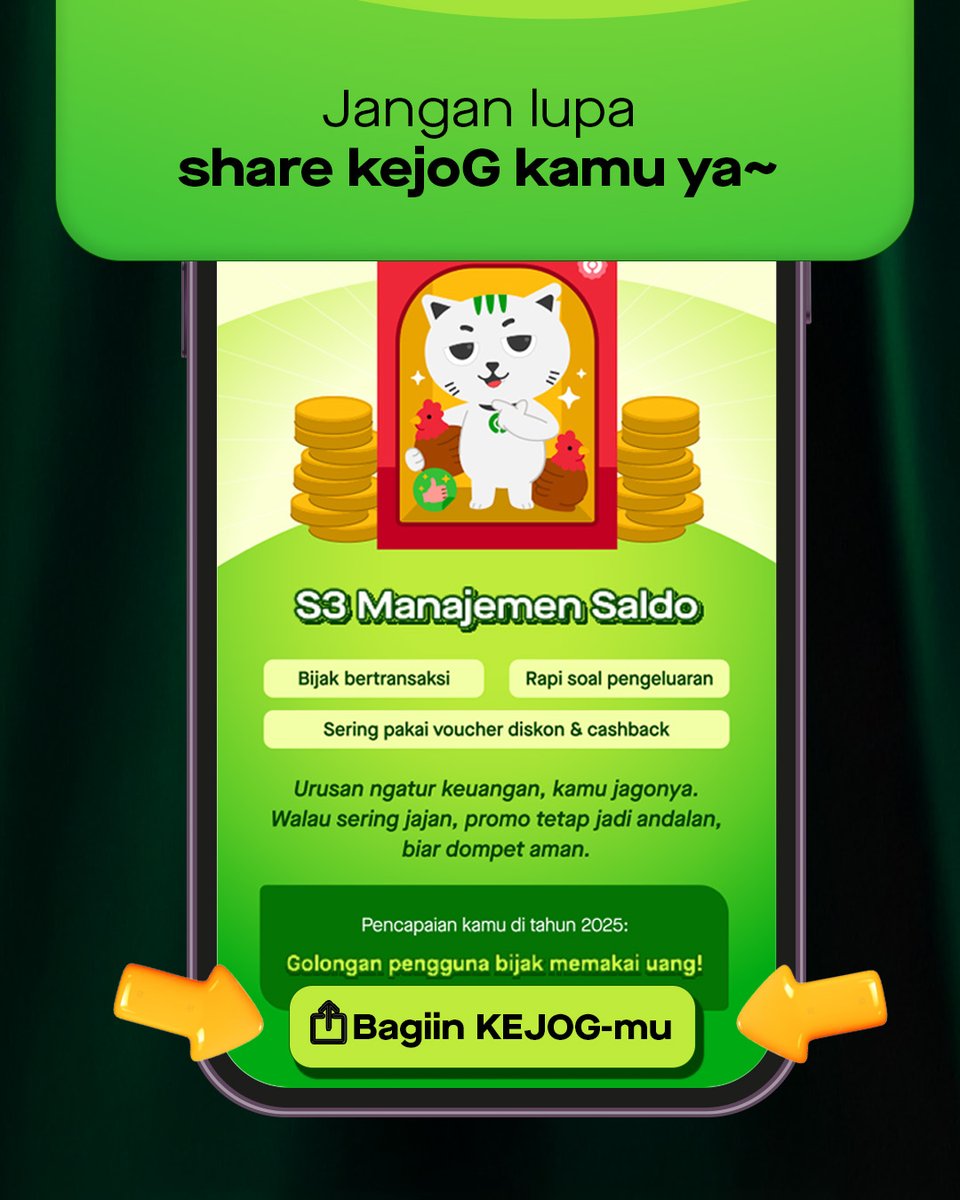 gojekindonesia's tweet photo. kejoG is back! 🚀

Maw lihat perjalananmu di 2025? Cek kejoG di aplikasi Gojek dan cari tau kamu tuh aslinya kayak apa~ 💚

Sultan 7 Turunan, Duta Wara-wiri, S3 Manajemen Saldo, atau yang lain? 👀

#LetsGojek #kejoG2025 https://t.co/AuKGbrCzXc