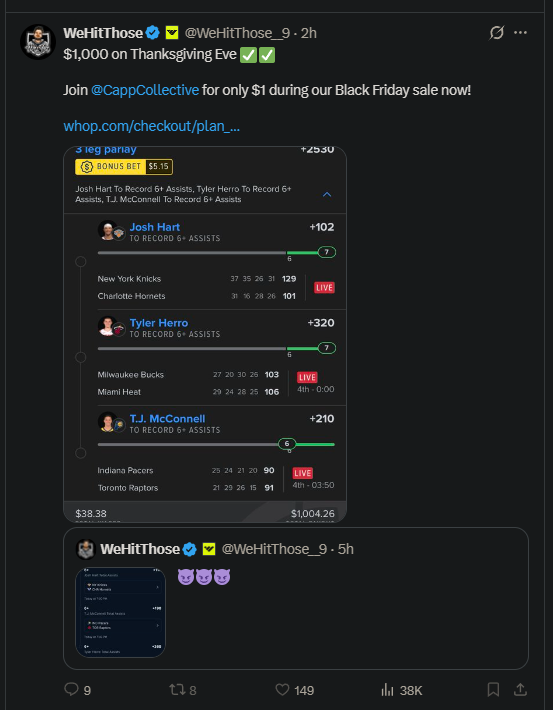 At the current moment, <a href="/WeHitThose__9/">WeHitThose</a> is down for the day even after hitting this parlay. 

No mention of that. Just a promo code to try and scam people into paying to lose their money. 

Is this not scamming? <a href="/xProptimusPrime/">PROPTIMUS PRIME</a> 

Why pretend as if today was such a great day?