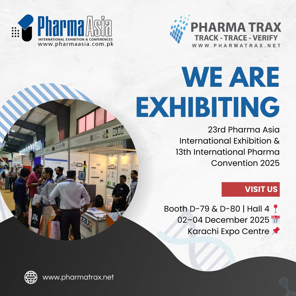 pharmatraxpak's tweet photo. PHARMA TRAX is exhibiting at Pharma Asia 2025!
📍 Hall 4 — Booth D-79 &amp; D-80
📅 2–4 Dec, Karachi Expo Centre
Meet us for live demos on serialization, aggregation, vision systems &amp; next-gen pharma compliance.
#PharmaTrax #PharmaAsia #PharmaTech https://t.co/zcVoaqoncN
