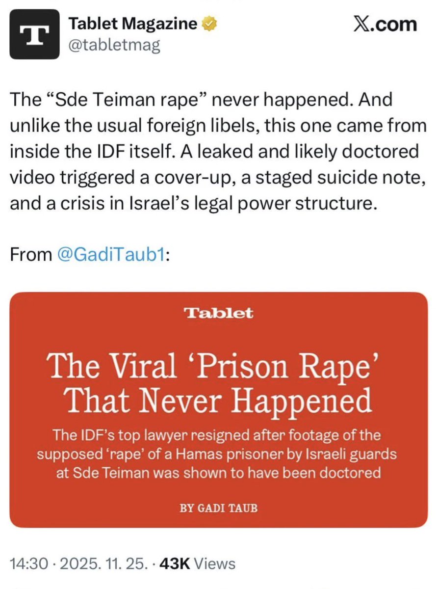 abierkhatib's tweet image. Look the other way, everyone…

Act like the military lawyer who leaked the video never existed.

Ignore the rapist who appeared on Israeli national TV to justify it.

Dismiss the videos proving Israelis claimed a right to rape.

Zionism is a curse on humanity.