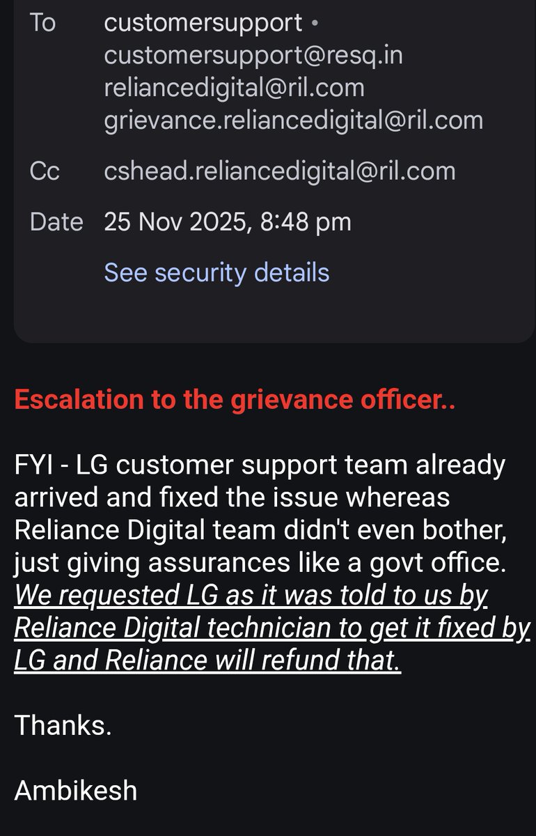 AmbiSagi's tweet photo. I haven't seen any other firm as pathetic as @RIL_Updates when it comes to customer service. Despite having bought extended support, @RelianceDigital didn't care. Escalated to their customer head and grievance officer, yet no response, forget any action. Shameless people! https://t.co/0nYgyExGsT