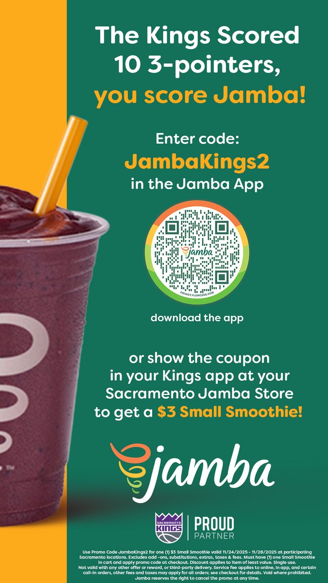 The Kings Scored 10 3-pointers, you score Jamba!
Enter code: JambaKings2 in the Jamba App or show the coupon in your Kings app to get a $3 Small Smoothie