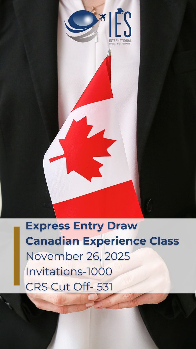 IesOverseas's tweet image. 🇨🇦On November 26, 2025, Canada (IRCC) issued #1,000 Invitations and CRS Cutoff- #531 for a permanent residency in this CEC Draw of November 2025.

#ExpressEntry #IRCC #canadianexperienceclass #iesoverseas #canada #brampton #doraha #visaconsultant #studyvisa #touristvisa #visitor