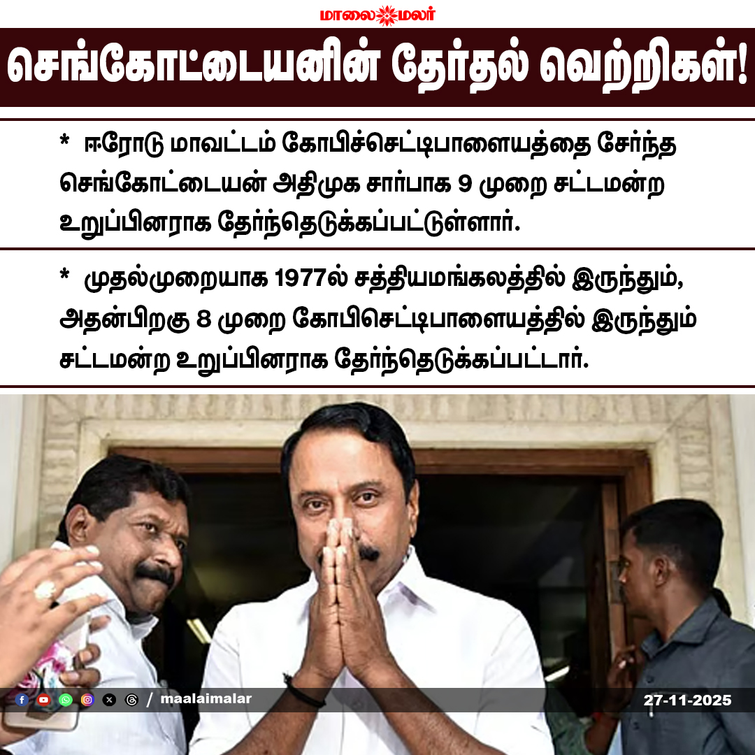 maalaimalar's tweet photo. செங்கோட்டையனின் தேர்தல் வெற்றிகள்!
#Sengottayan #ElectionHistory #TamilNaduPolitics #AIMIMLA #Gopichettipalayam #Sathyamangalam #TNPoliticalLeader #NineTimeMLA #PoliticalSuccess #TNUpdates #LatestNews #Maalaimalar https://t.co/nK5TZvl6rP