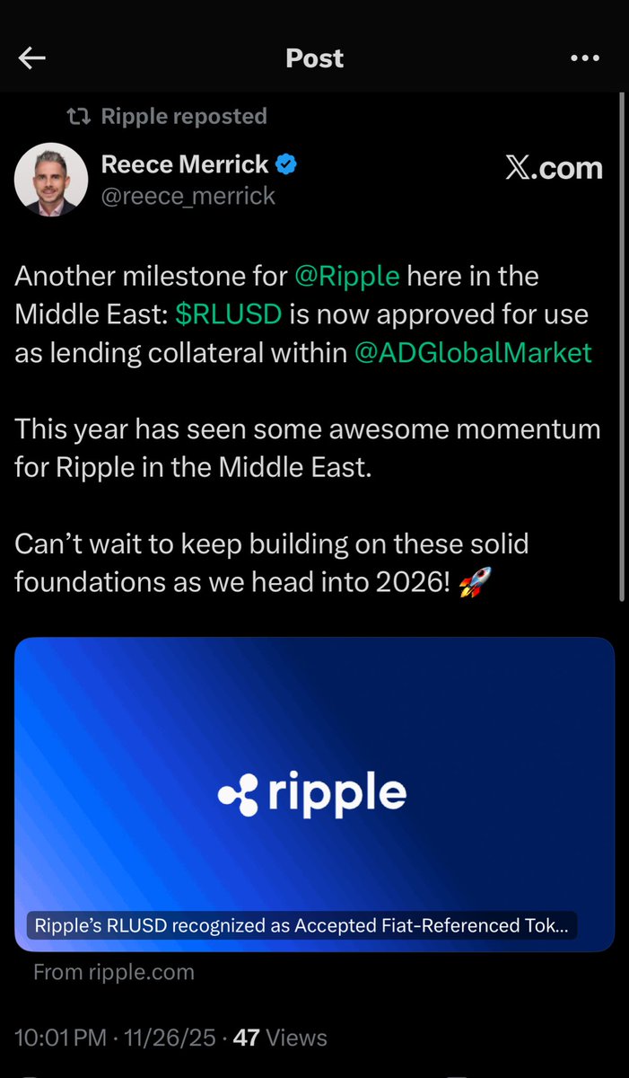 COOLBREEZE_____'s tweet image. OHHHHHHHHHHHHHHHHHHHHH FUGGGGGGGGGGGGGGGGGGGG 

RLUSD JUST GOT APPROVED AS COLLATERAL IN ABU DHABI

BIG BANKS CAN NOW BORROW BILLIONS USING IT AS SAFE, REGULATED BACKING

RLUSD IS NOW AN ACCEPTED FIAT-REFERENCED TOKEN FOR LENDING IN THE UNITED ARAB EMIRATES
🔥🔥🔥🔥🔥🔥🔥🔥🔥🔥🔥