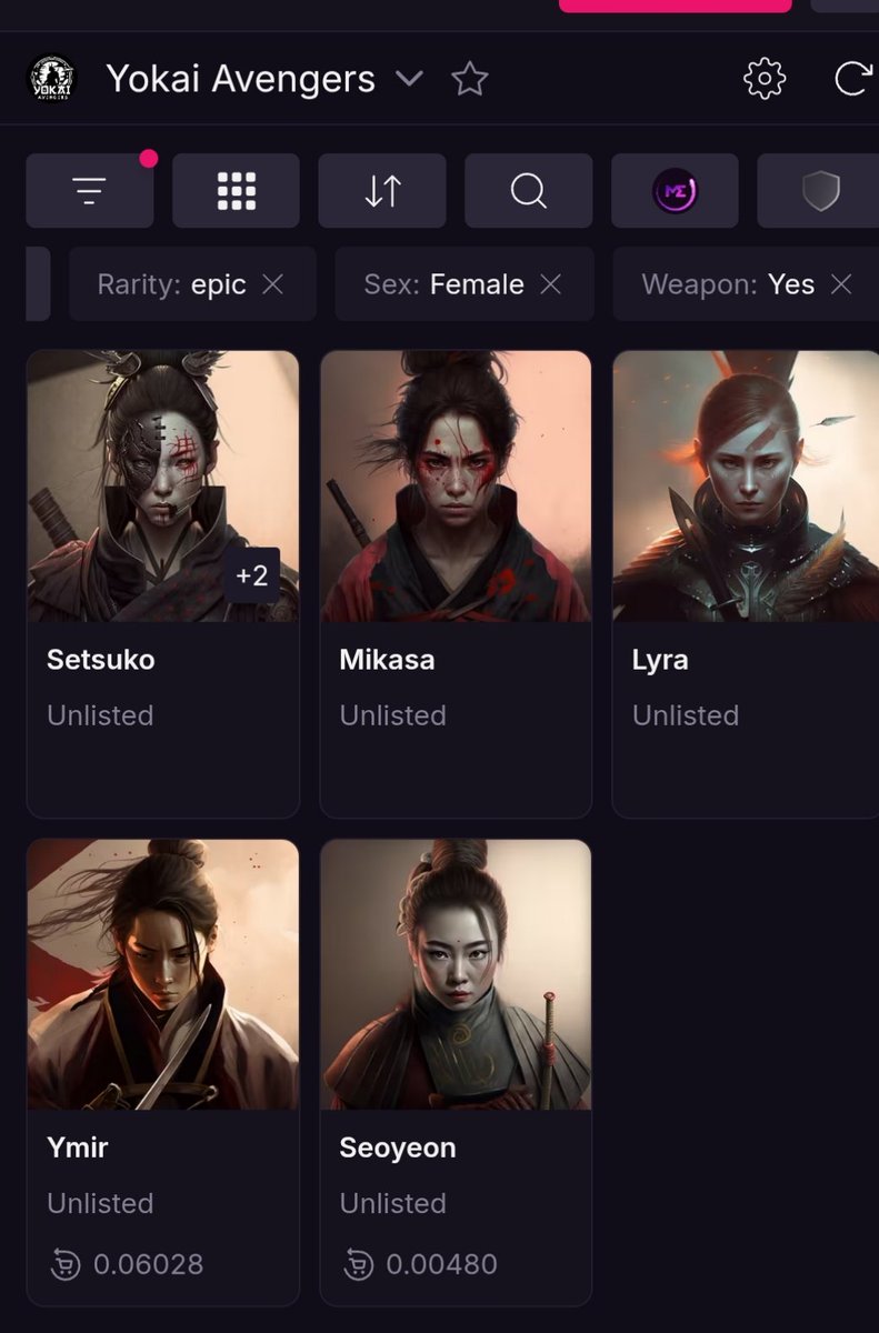 Maurice93200's tweet image. Gm Yokais ⚔️ @YokaiAvengers

Rarity : Epic 
Sex : Female 
Weapon : Yes 

Only 5 👀👀👀👀

Unlisted ...