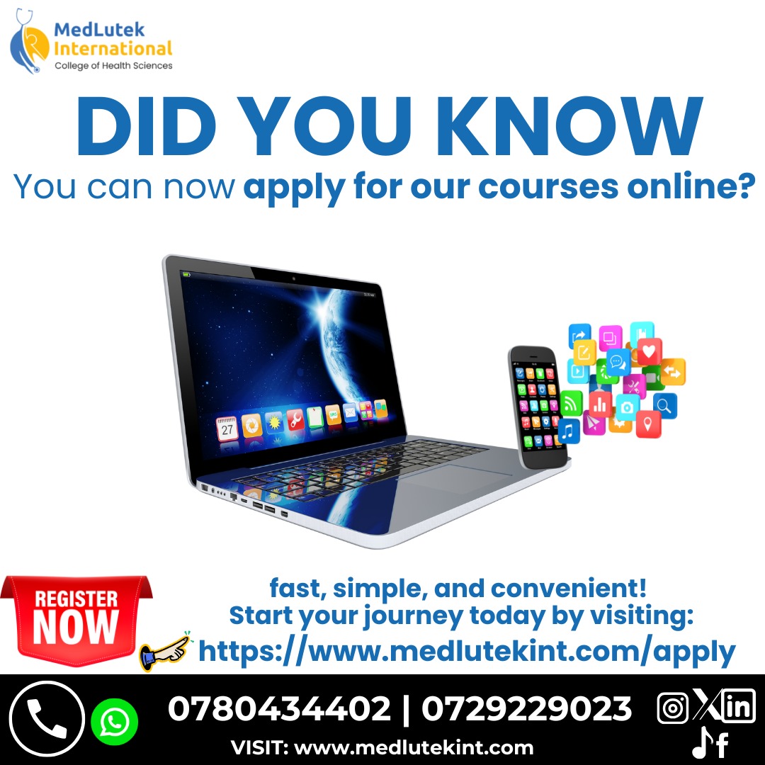 medlutek's tweet image. Unlock your future from anywhere. 
Apply online today and take the first step toward your career!

✅ Hands-on training (si theory pekee)
✅ Flexible time – morning, mchana ama jioni via Physical or Online
✅ Attachment iko guaranteed

👉 Ji-apply leo: medlutekint.com/apply