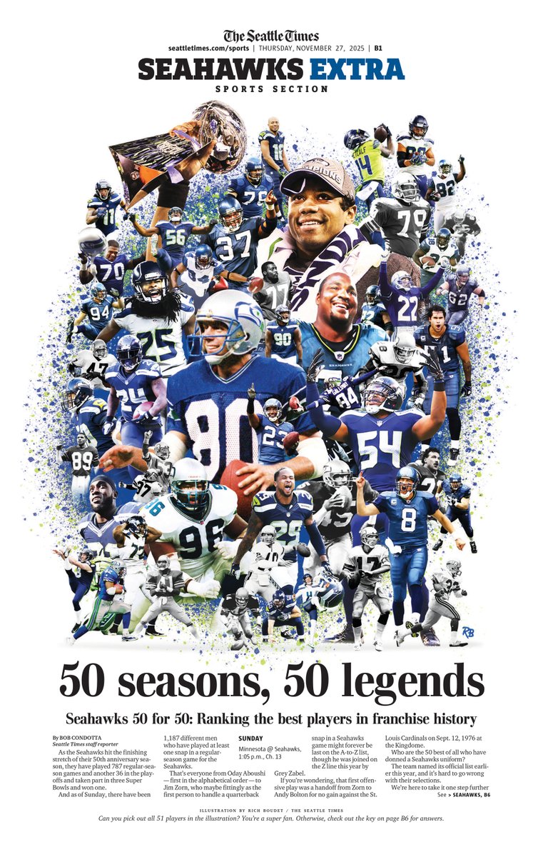 Happy Turkey Day! If you get the big, stuffed holiday paper you'll find something special in sports: our ranking of the 50 greatest Seahawks on their 50th anniversary. This was so much fun to create and thanks to <a href="/bcondotta/">Bob Condotta</a>  for his rankings. I hope your family eats it up!