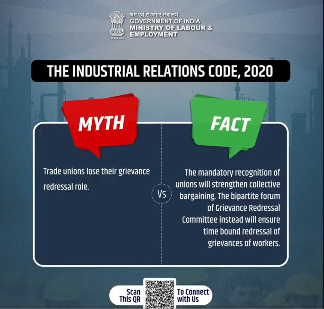 epforohtak's tweet image. Trade unions retain their grievance-redressal role under the Industrial Relations Code, 2020.  Mandatory union recognition will strengthen collective bargaining and the bipartite Grievance Redressal Committee will ensure timely resolution.  
#श्रमेवजयते
#ShramevJayate