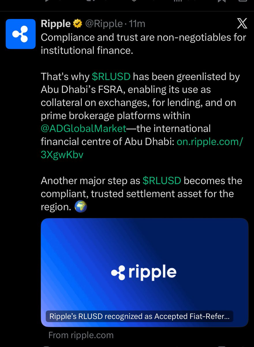 COOLBREEZE_____'s tweet image. OHHHHHHHHHHHHHHHHHHHHH FUGGGGGGGGGGGGGGGGGGGG 

RLUSD JUST GOT APPROVED AS COLLATERAL IN ABU DHABI

BIG BANKS CAN NOW BORROW BILLIONS USING IT AS SAFE, REGULATED BACKING

RLUSD IS NOW AN ACCEPTED FIAT-REFERENCED TOKEN FOR LENDING IN THE UNITED ARAB EMIRATES
🔥🔥🔥🔥🔥🔥🔥🔥🔥🔥🔥