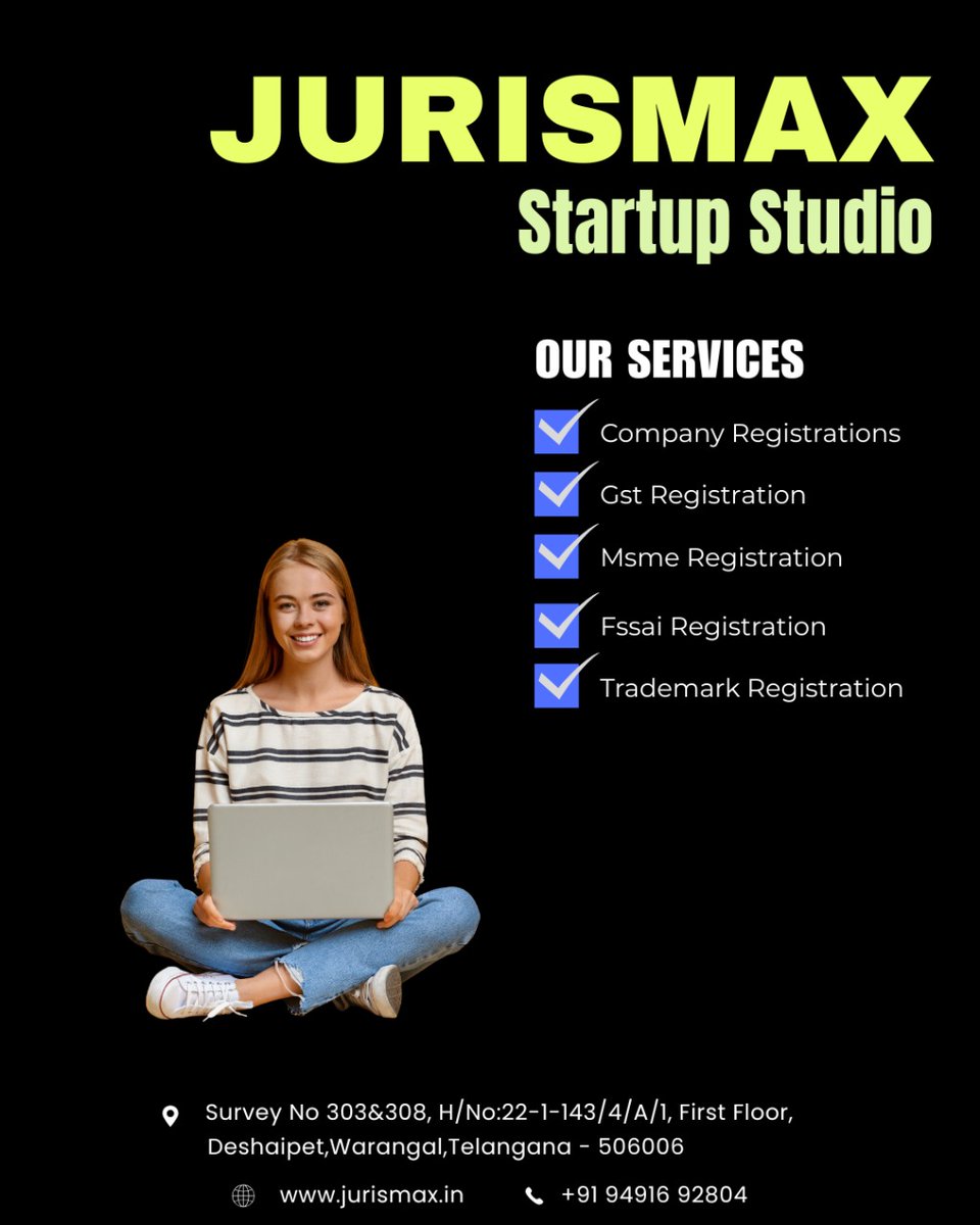 JurisMaxx's tweet photo. Complete startup services made simple—Company, GST, MSME, FSSAI &amp; Trademark Registrations under one roof with Jurismax Startup Studio.
#Jurismax #StartupStudio #CompanyRegistration #GSTRegistration #MSME #FSSAI #TrademarkRegistration #BusinessServices https://t.co/BlBvPaPwaV