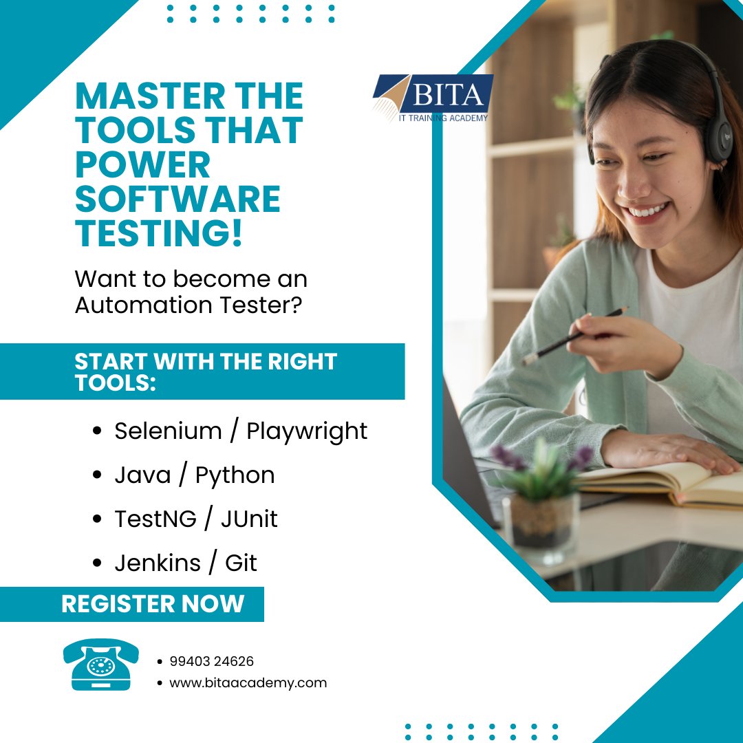 Bitaaacademy's tweet image. ☑Join BITA job-focused Automation  Program and gain hands-on expertise in Selenium, Java, error-free applications.

📞 9566004626

🌐bitaacademy.com

#AutomationTesting #Selenium #Java #BITA